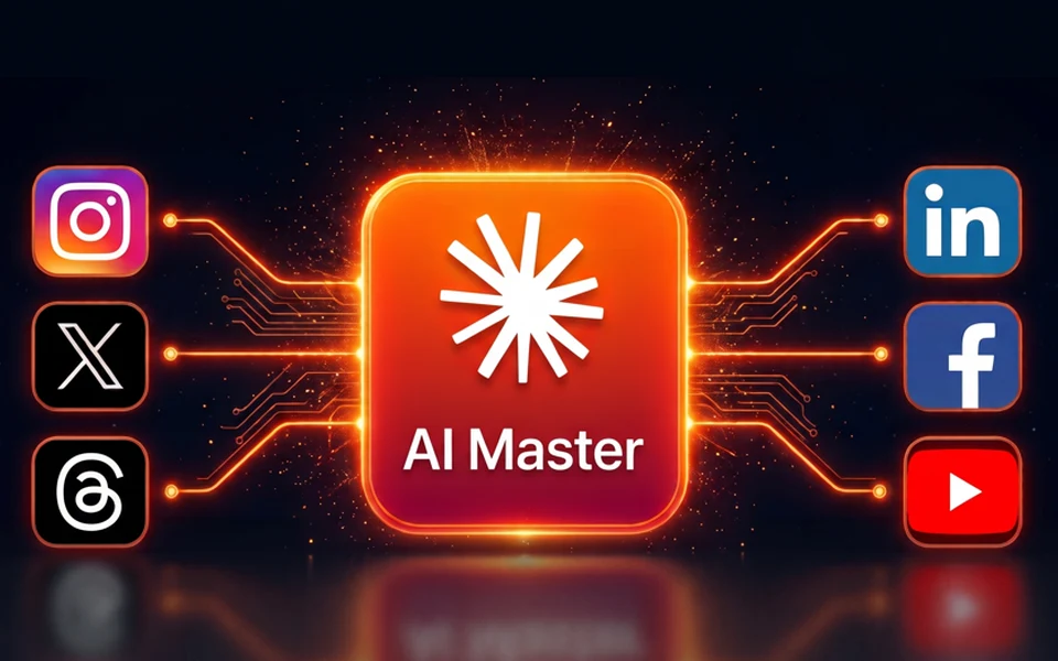 AI Master 아이콘을 가운데 두고 인스타그램, X, 스레드, 링크드인, 페이스북, 유튜브 아이콘이 회로선으로 연결된 그림.